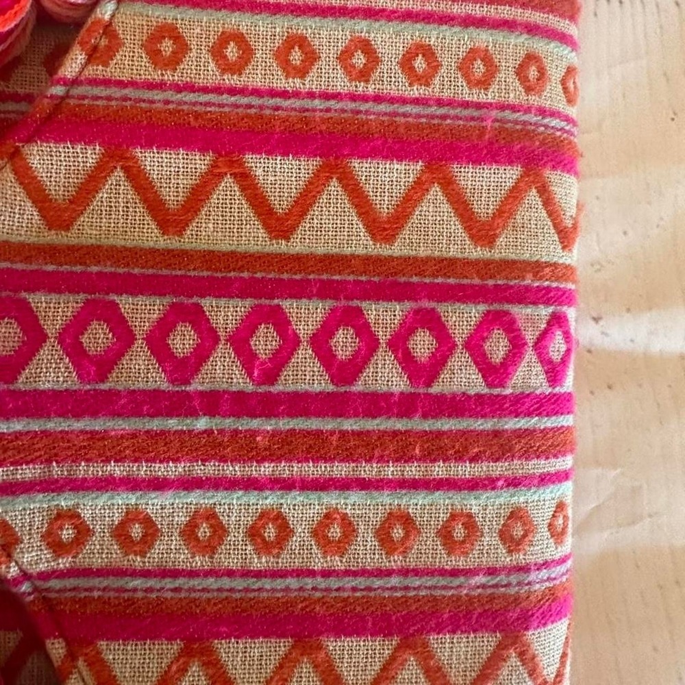 Mudpie Pink and orange embroidered geometric patterned clutch with tassels - Picture 5 of 8